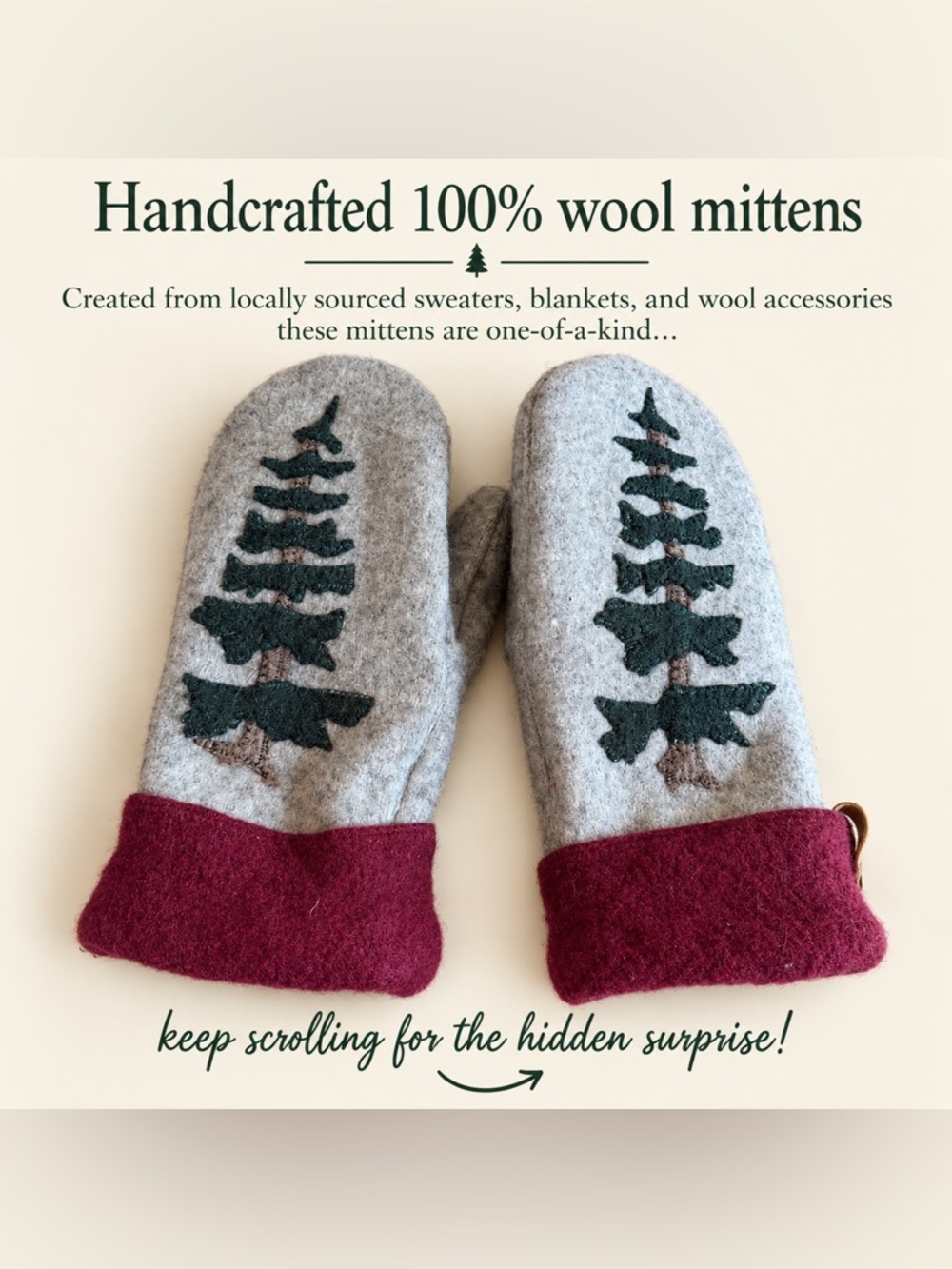 Handcrafted 100% Wool Mittens – Hidden Sasquatch Surprise!